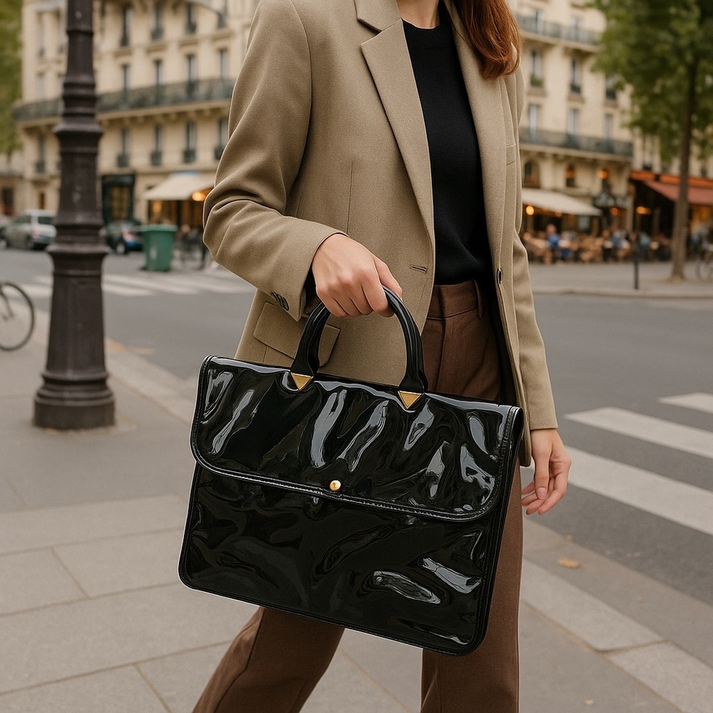 60s RONAY Black Tote Laptop Bag patent leather Large